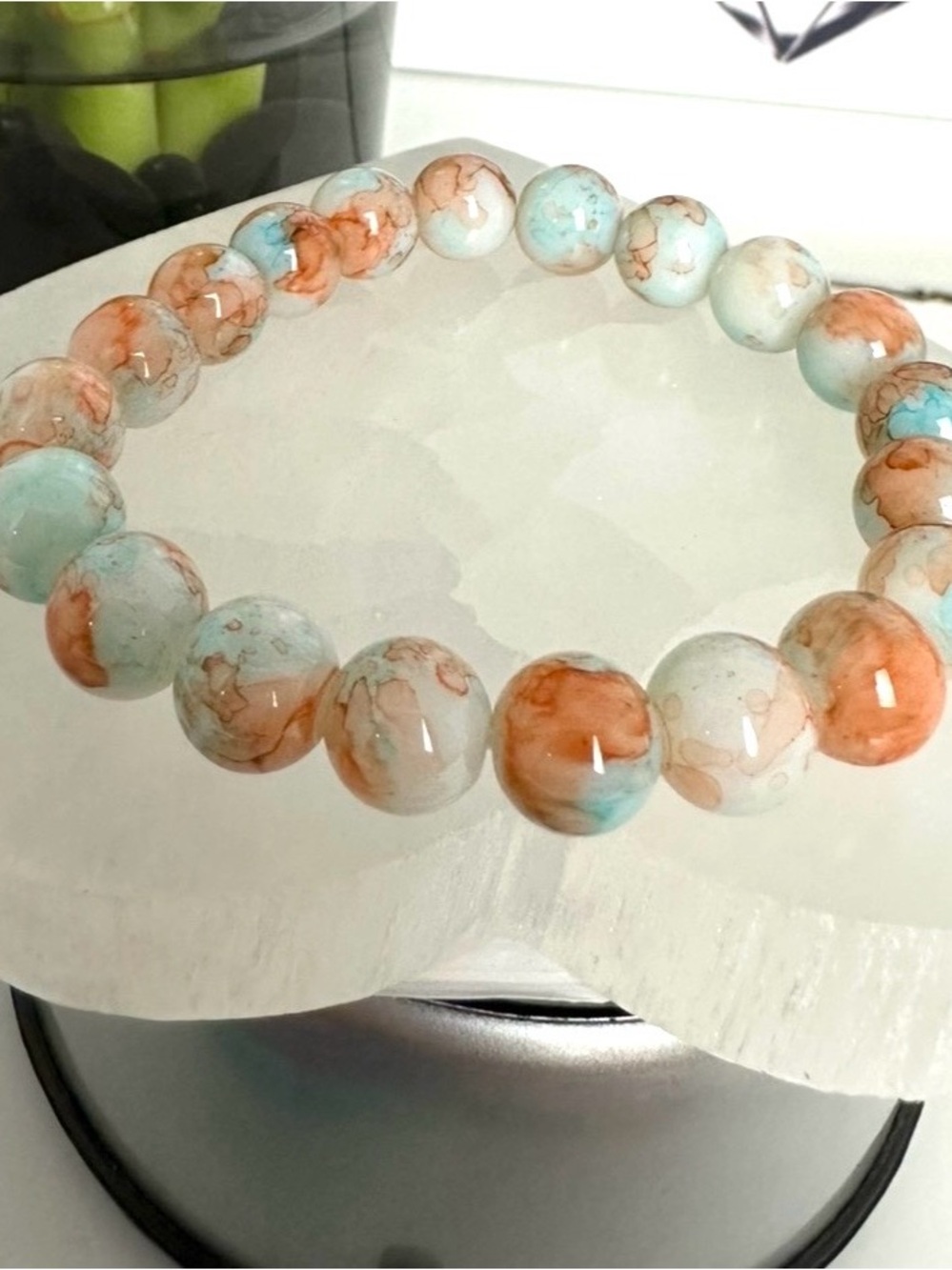Fashion: Handcrafted Blue & Orange Marble Bead Stretch Bracelet